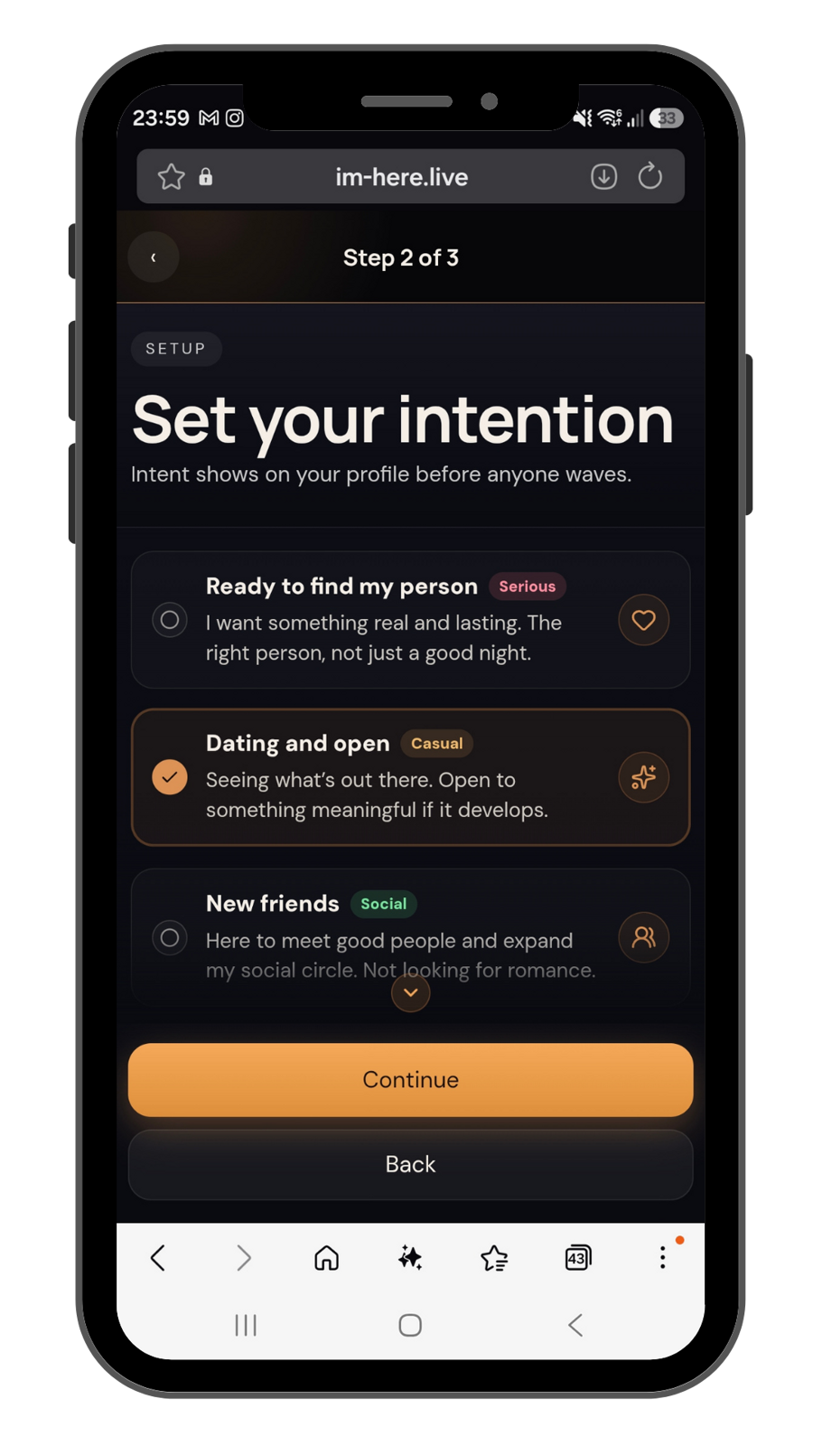 Setting your intention while creating an I'm Here profile