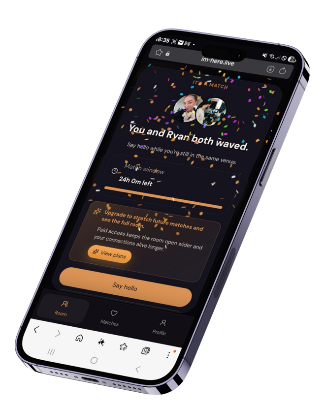 The I'm Here app showing a match: confetti, two guest photos, and the message "You and Ryan both waved."