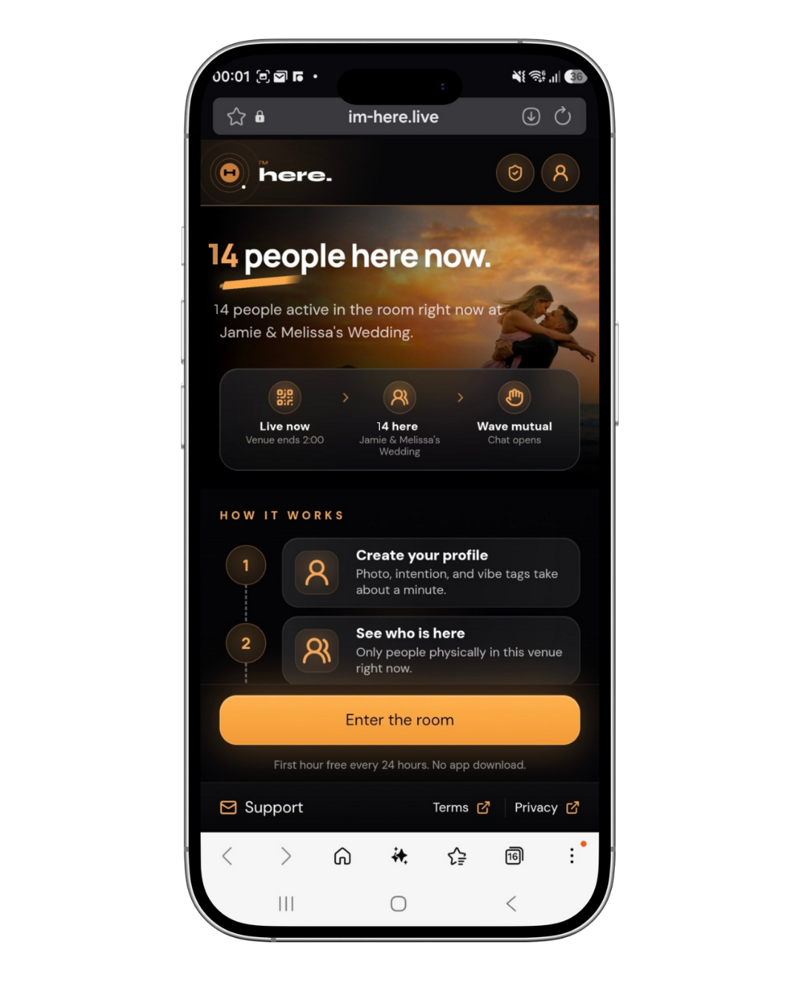 The I'm Here app open in a phone browser at Jamie and Melissa's Wedding, showing 14 people active in the room right now, a live now to wave mutual flow, and how it works steps for creating a profile and seeing who is here.